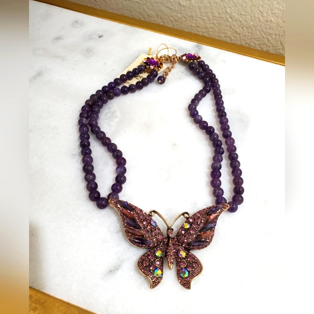 Amethyst Stone Purple Big Bling Butterfly Necklace Statement